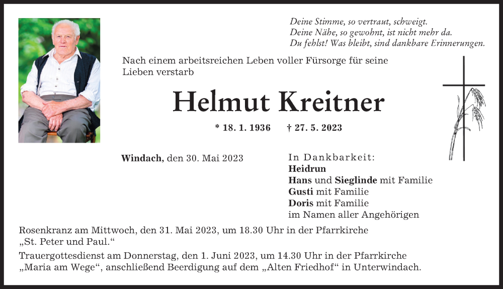  Traueranzeige für Helmut Kreitner vom 30.05.2023 aus Landsberger Tagblatt