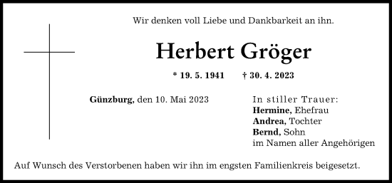 Traueranzeige von Herbert Gröger von Günzburger Zeitung