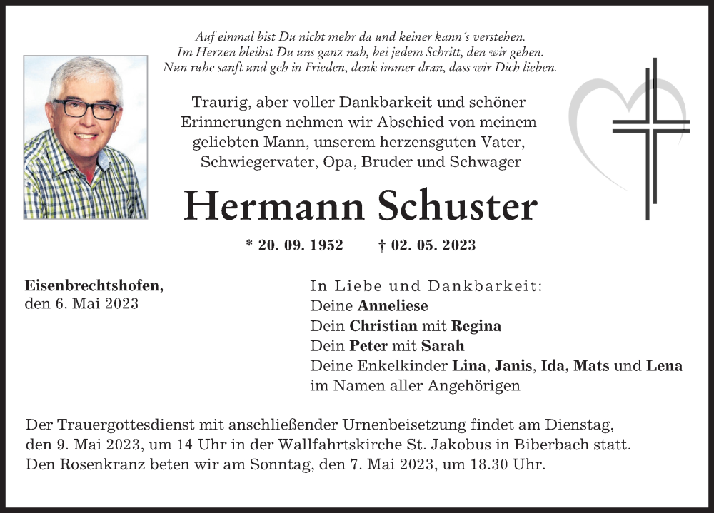 Traueranzeigen von Hermann Schuster | Augsburger Allgemeine Zeitung