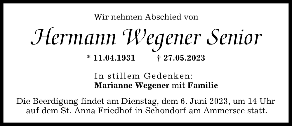  Traueranzeige für Hermann Wegener Senior vom 31.05.2023 aus Landsberger Tagblatt