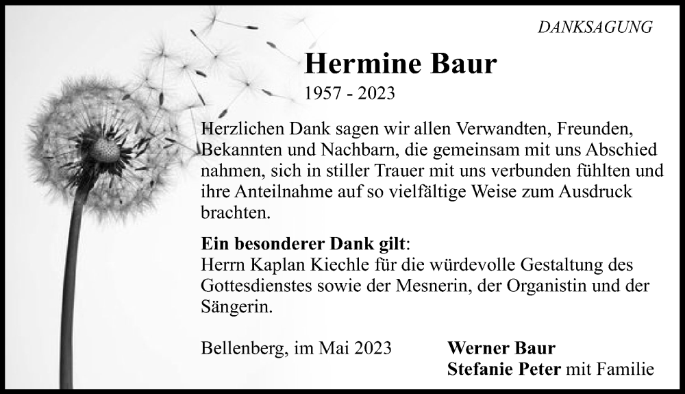  Traueranzeige für Hermine Baur vom 24.05.2023 aus Illertisser Zeitung