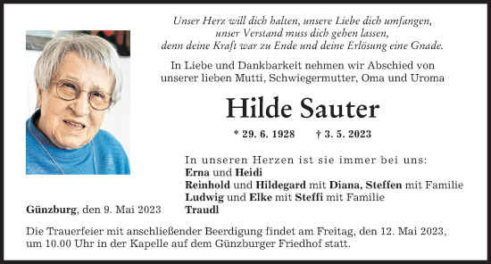 Traueranzeige von Hilde Sauter von Günzburger Zeitung
