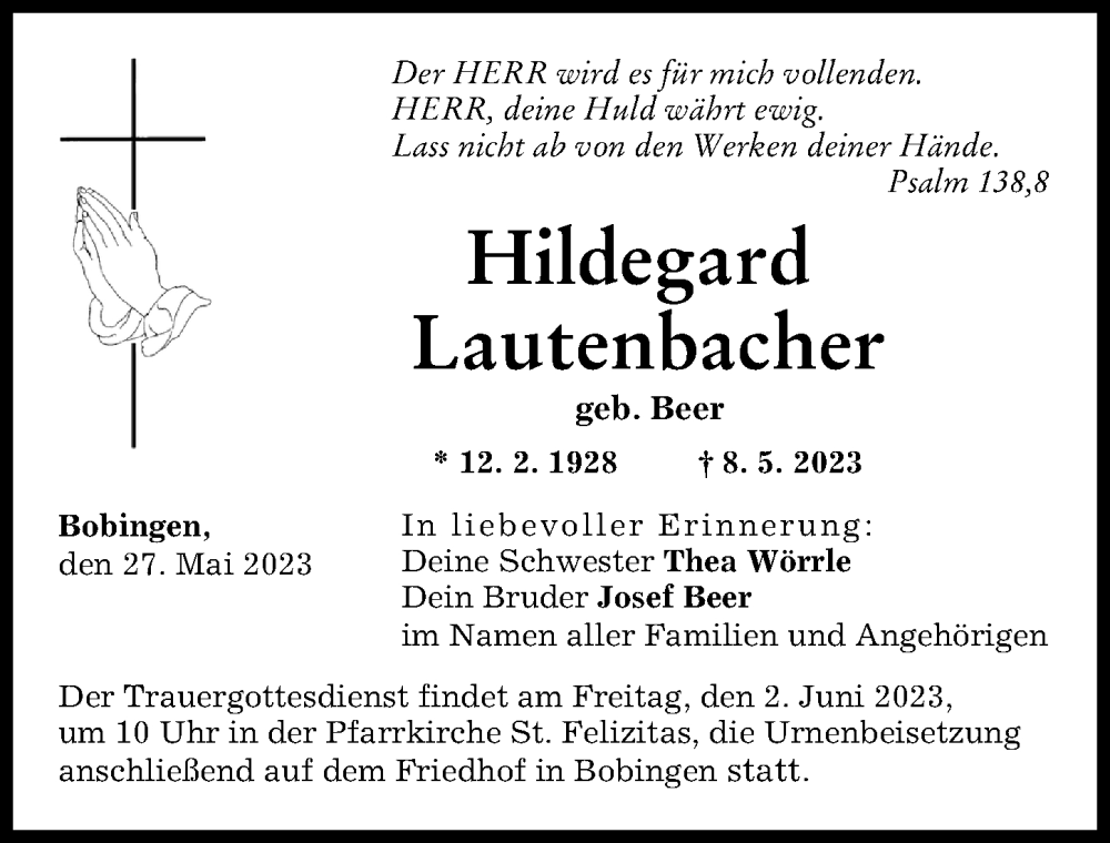  Traueranzeige für Hildegard Lautenbacher vom 27.05.2023 aus Schwabmünchner Allgemeine