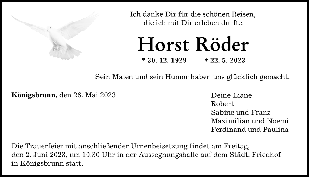  Traueranzeige für Horst Röder vom 27.05.2023 aus Augsburger Allgemeine