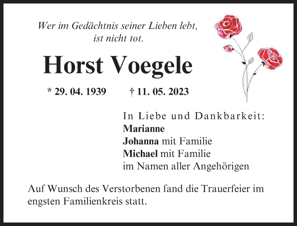  Traueranzeige für Horst Voegele vom 30.05.2023 aus Friedberger Allgemeine