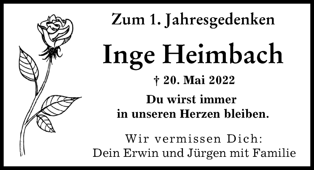 Traueranzeige von Inge Heimbach von Augsburger Allgemeine