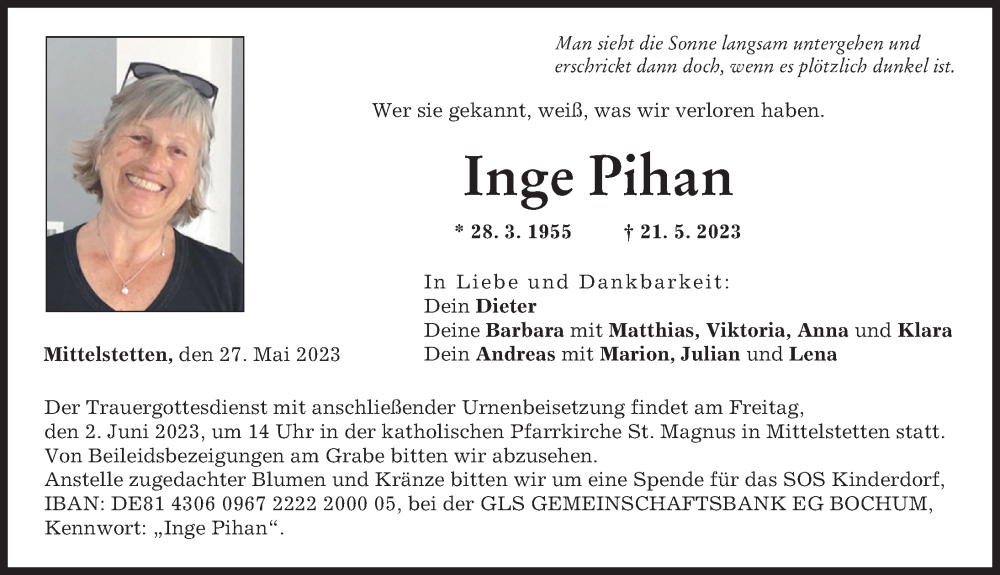  Traueranzeige für Inge Pihan vom 27.05.2023 aus Schwabmünchner Allgemeine