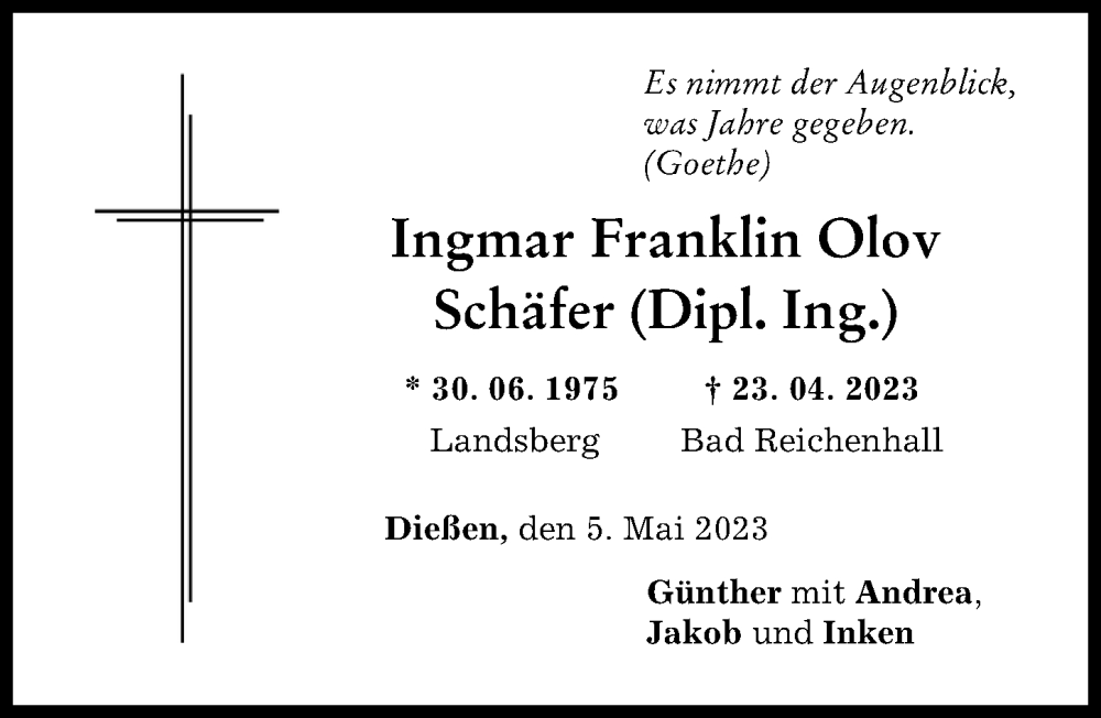 Traueranzeige von Ingmar Franklin Olov Schäfer von Ammersee Kurier