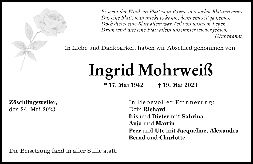  Traueranzeige für Ingrid Mohrweiß vom 24.05.2023 aus Donau Zeitung