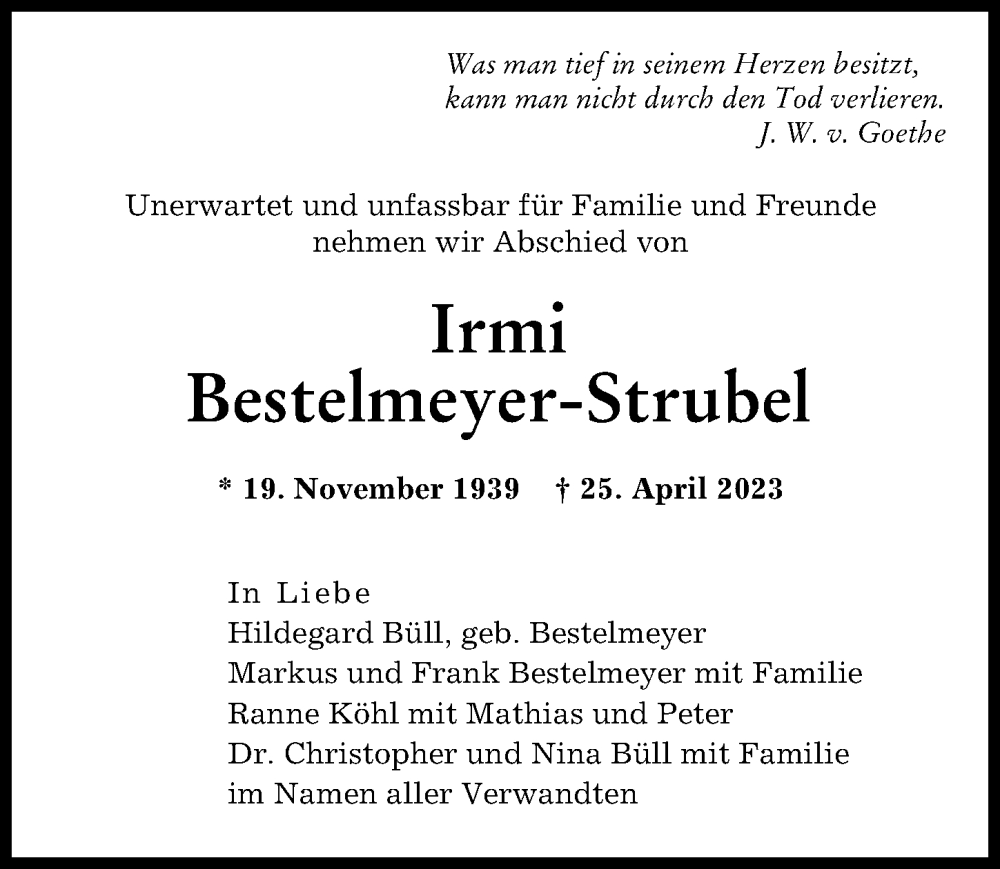  Traueranzeige für Irmi Bestelmeyer-Strubel vom 10.05.2023 aus Augsburger Allgemeine