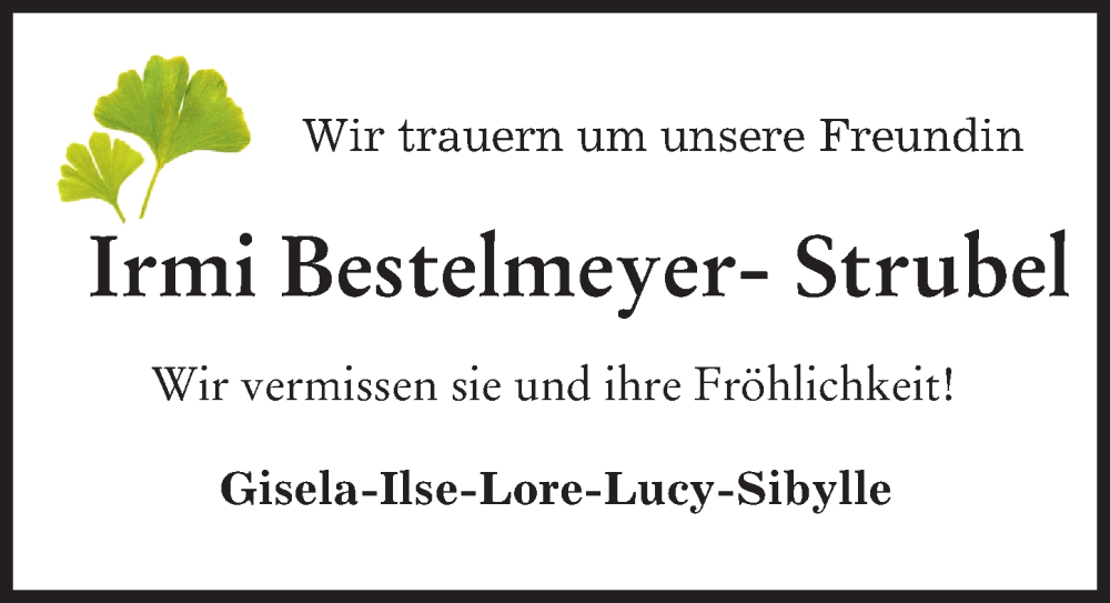 Traueranzeige von Irmi Bestelmeyer-Strubel von Augsburger Allgemeine