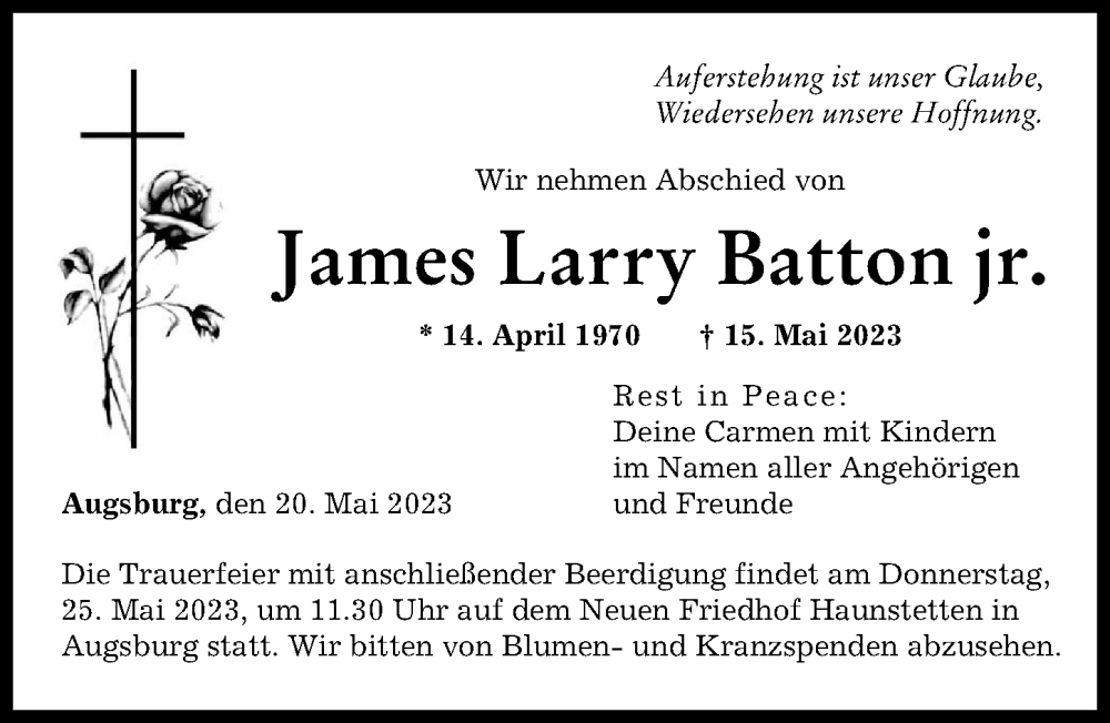  Traueranzeige für James Larry Batton vom 20.05.2023 aus Augsburger Allgemeine