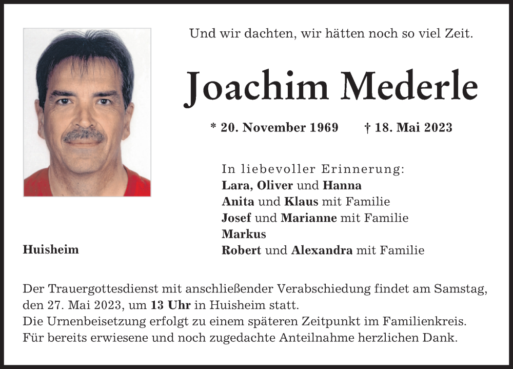  Traueranzeige für Joachim Mederle vom 24.05.2023 aus Donauwörther Zeitung