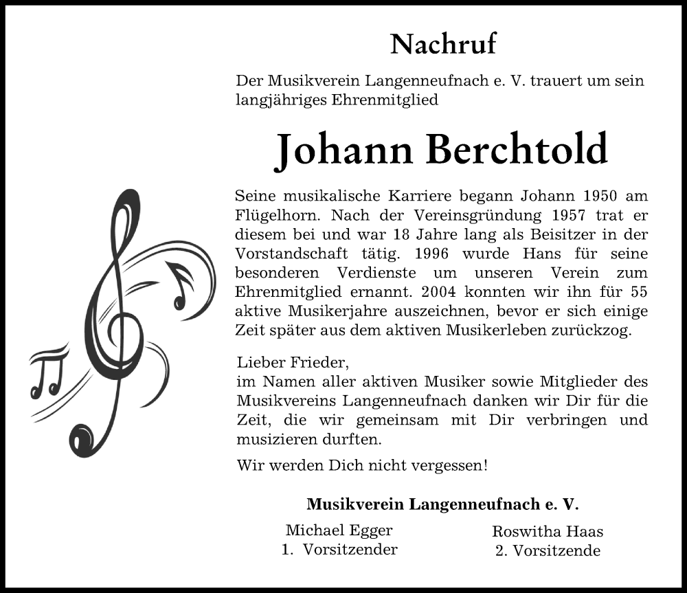  Traueranzeige für Johann Berchtold vom 26.05.2023 aus Schwabmünchner Allgemeine