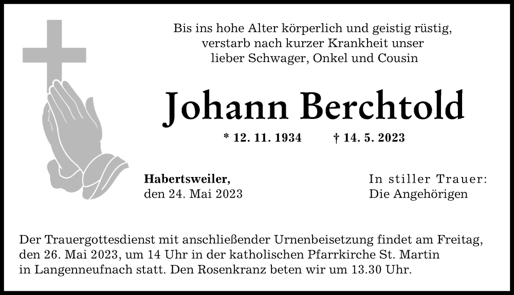  Traueranzeige für Johann Berchtold vom 24.05.2023 aus Schwabmünchner Allgemeine