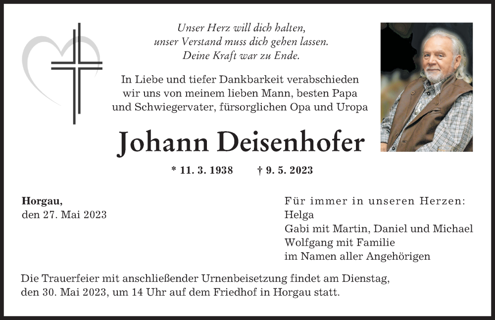  Traueranzeige für Johann Deisenhofer vom 27.05.2023 aus Augsburger Allgemeine