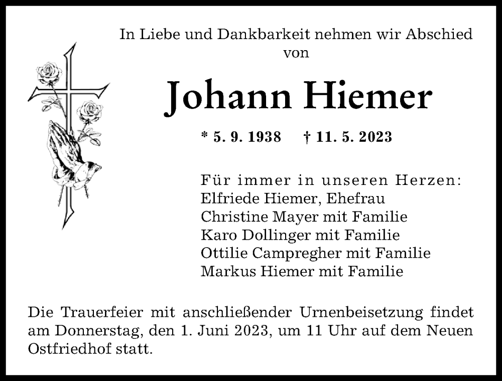  Traueranzeige für Johann Hiemer vom 27.05.2023 aus Augsburger Allgemeine