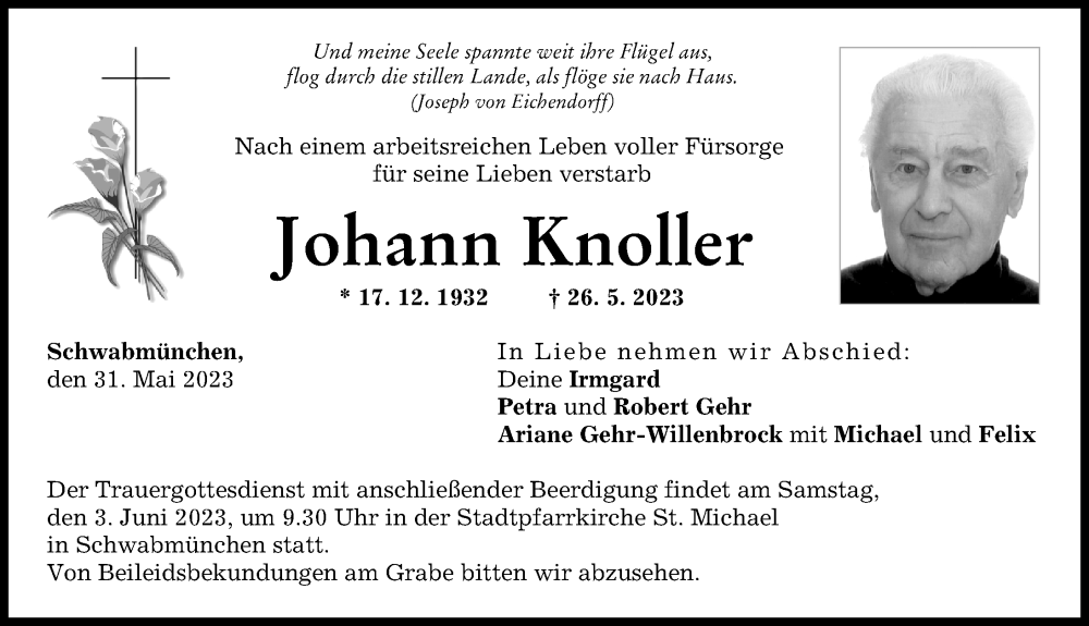 Traueranzeige von Johann Knoller von Schwabmünchner Allgemeine