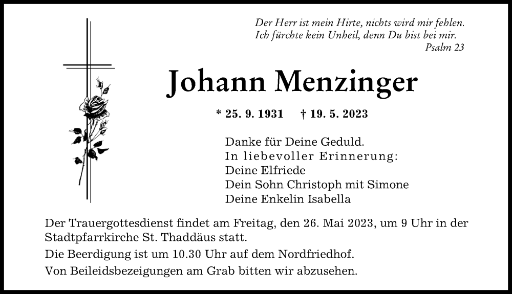  Traueranzeige für Johann Menzinger vom 24.05.2023 aus Augsburger Allgemeine