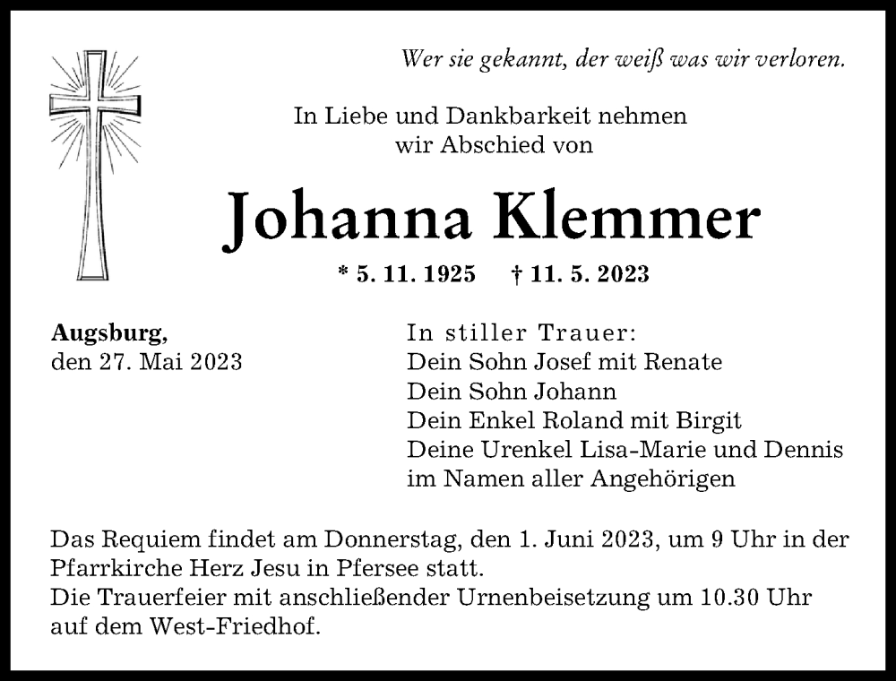  Traueranzeige für Johanna Klemmer vom 27.05.2023 aus Augsburger Allgemeine