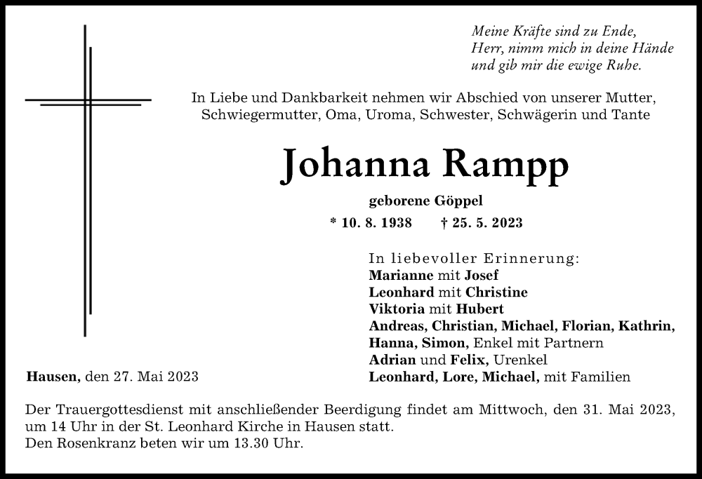  Traueranzeige für Johanna Rampp vom 27.05.2023 aus Mittelschwäbische Nachrichten, Günzburger Zeitung