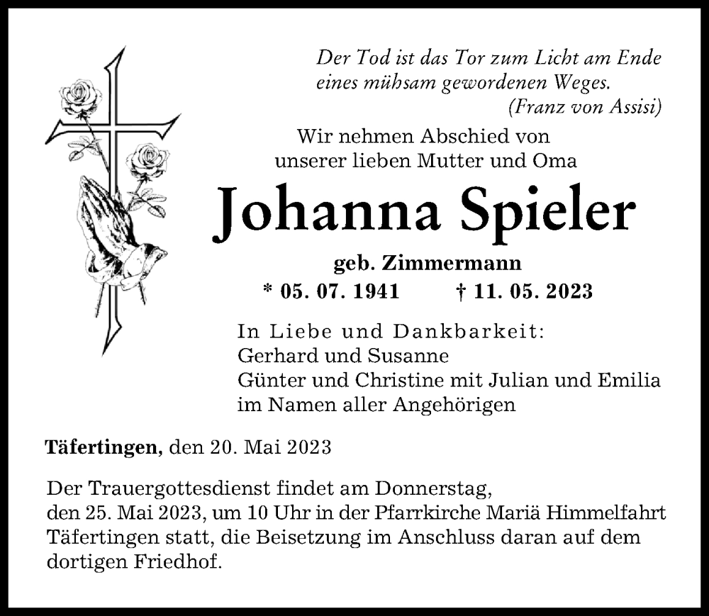 Traueranzeigen Von Johanna Spieler Augsburger Allgemeine Zeitung