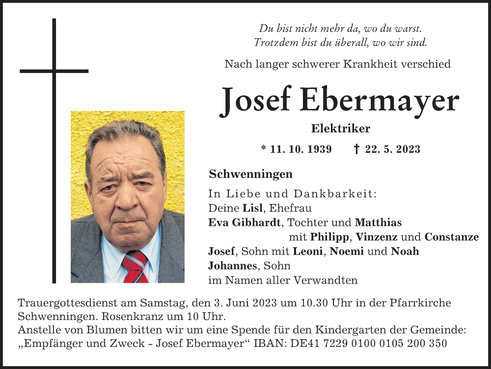  Traueranzeige für Josef Ebermayer vom 30.05.2023 aus Donau Zeitung