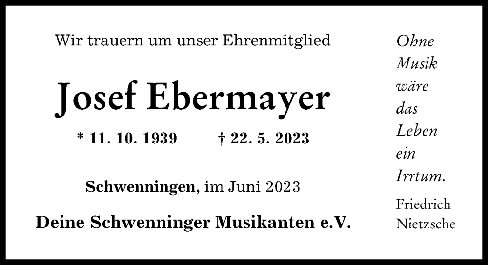  Traueranzeige für Josef Ebermayer vom 01.06.2023 aus Donau Zeitung