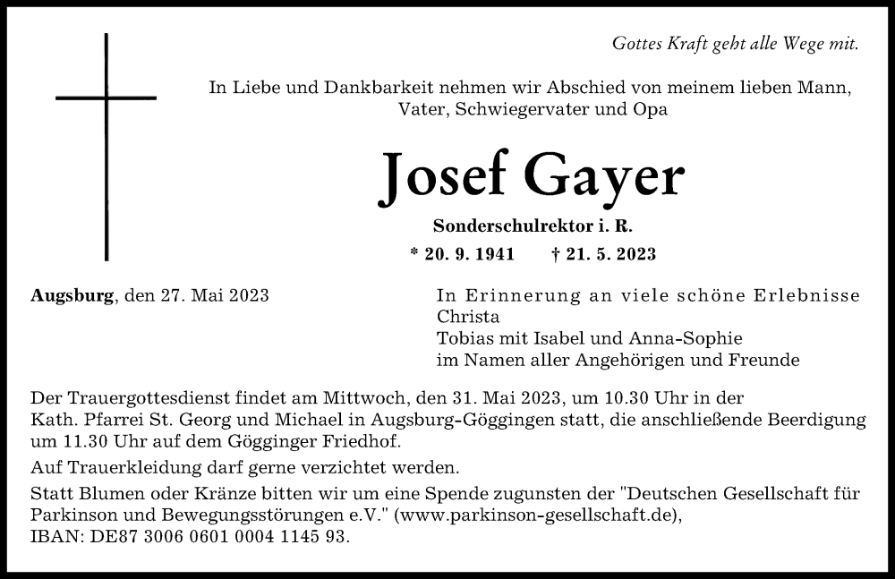  Traueranzeige für Josef Gayer vom 27.05.2023 aus Augsburger Allgemeine