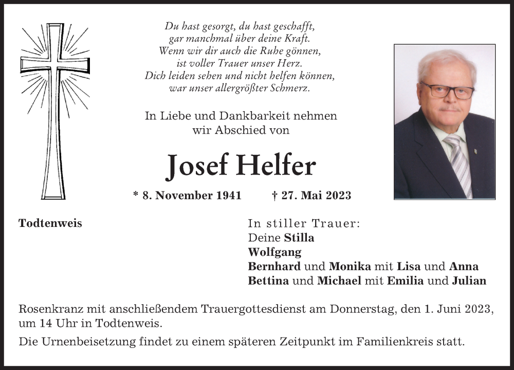  Traueranzeige für Josef Helfer vom 31.05.2023 aus Aichacher Nachrichten