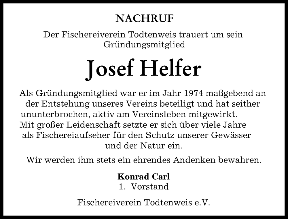  Traueranzeige für Josef Helfer vom 01.06.2023 aus Aichacher Nachrichten