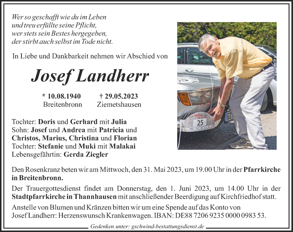  Traueranzeige für Josef Landherr vom 31.05.2023 aus Schwabmünchner Allgemeine, Augsburg-Land, Mittelschwäbische Nachrichten, Günzburger Zeitung