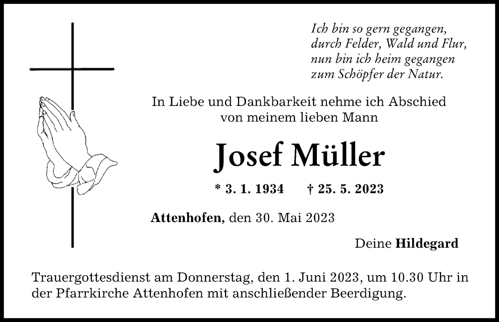  Traueranzeige für Josef Müller vom 30.05.2023 aus Neu-Ulmer Zeitung