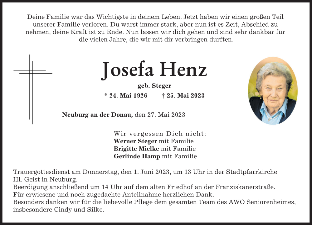 Traueranzeige für Josefa Henz vom 27.05.2023 aus Neuburger Rundschau