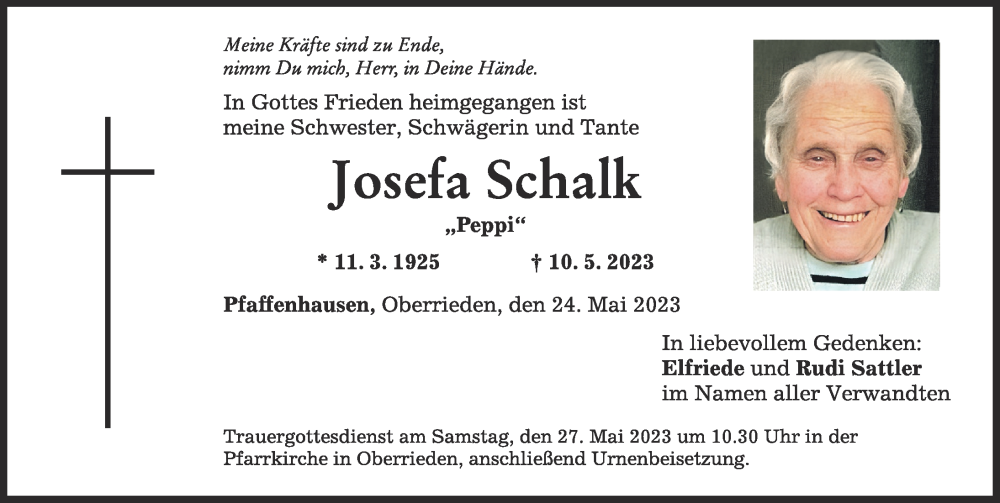  Traueranzeige für Josefa Schalk vom 24.05.2023 aus Mindelheimer Zeitung