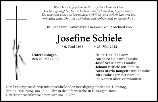 Traueranzeige von Josefine Schiele von Donau Zeitung