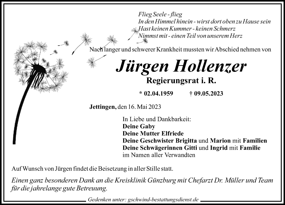 Traueranzeige von Jürgen Hollenzer von Günzburger Zeitung