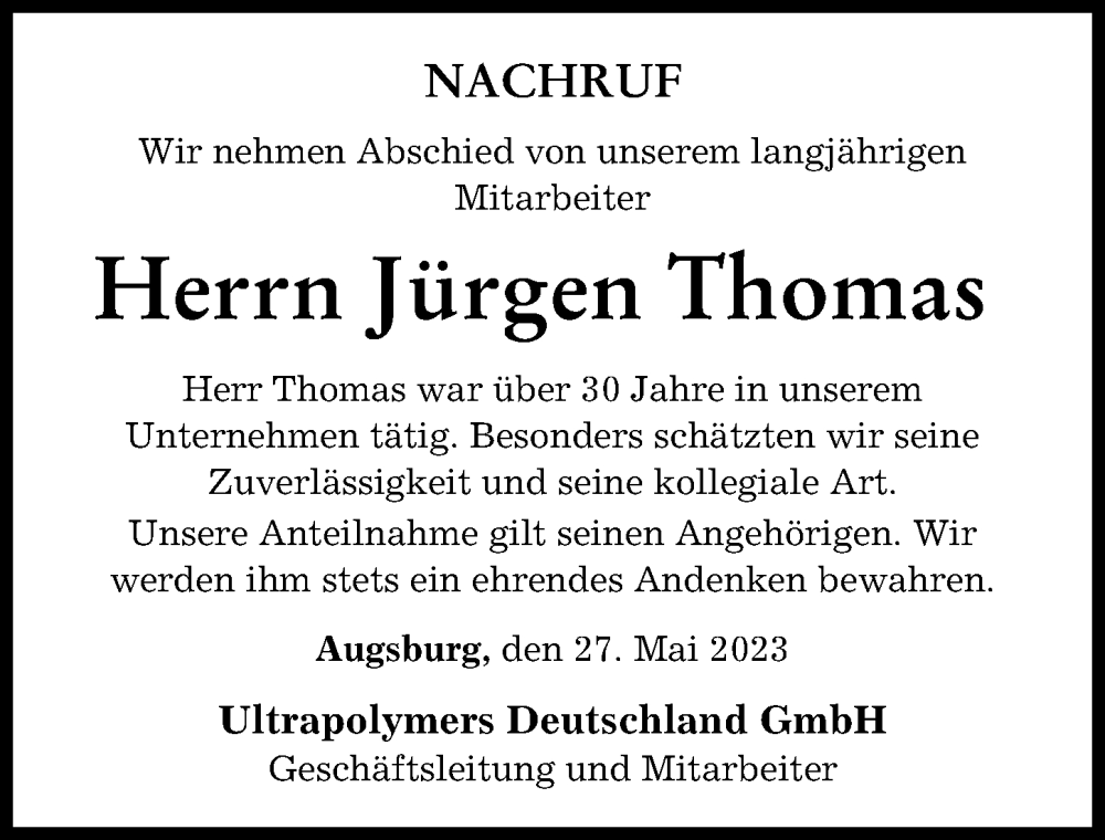 Traueranzeige von Jürgen Thomas von Friedberger Allgemeine, Augsburger Allgemeine