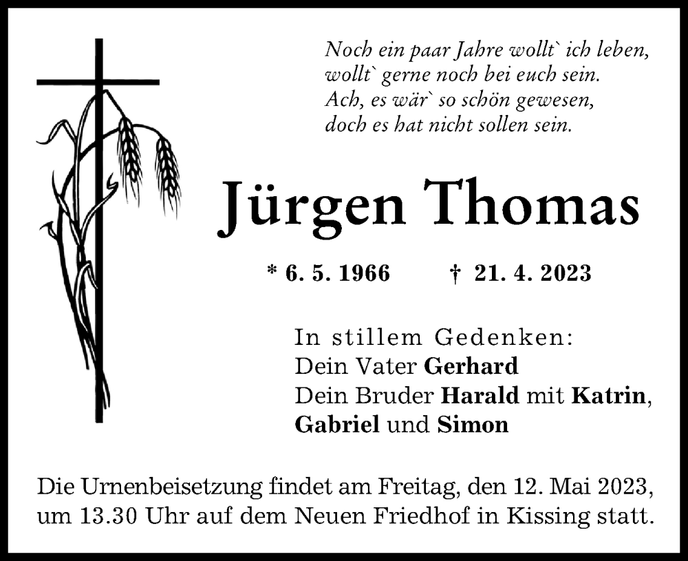 Traueranzeige von Jürgen Thomas von Friedberger Allgemeine