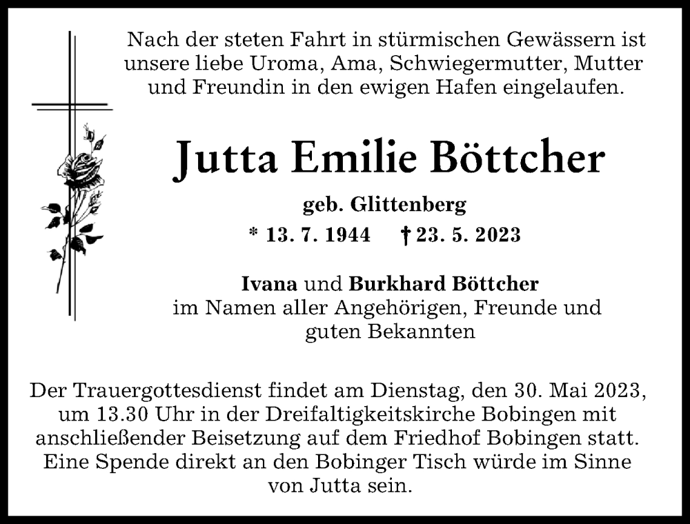  Traueranzeige für Jutta Emilie Böttcher vom 27.05.2023 aus Schwabmünchner Allgemeine