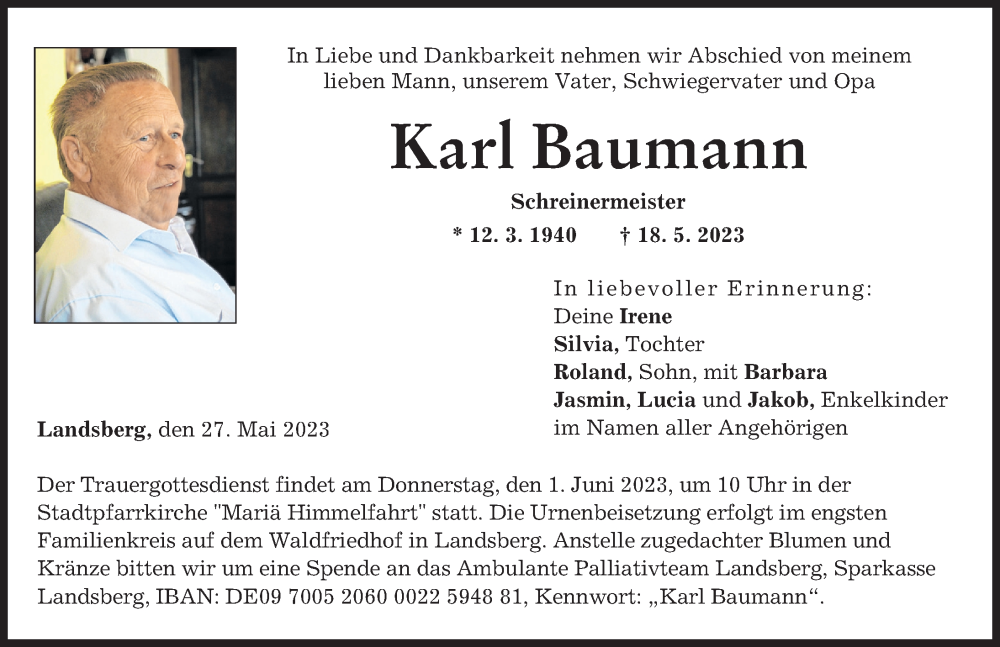  Traueranzeige für Karl Baumann vom 27.05.2023 aus Landsberger Tagblatt