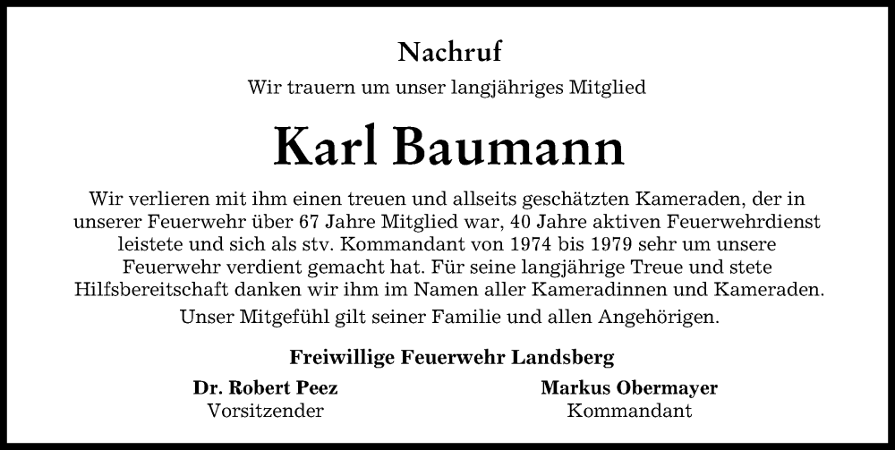  Traueranzeige für Karl Baumann vom 31.05.2023 aus Landsberger Tagblatt
