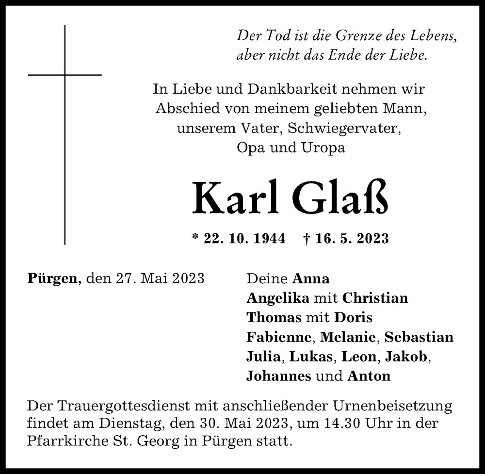  Traueranzeige für Karl Glaß vom 27.05.2023 aus Landsberger Tagblatt