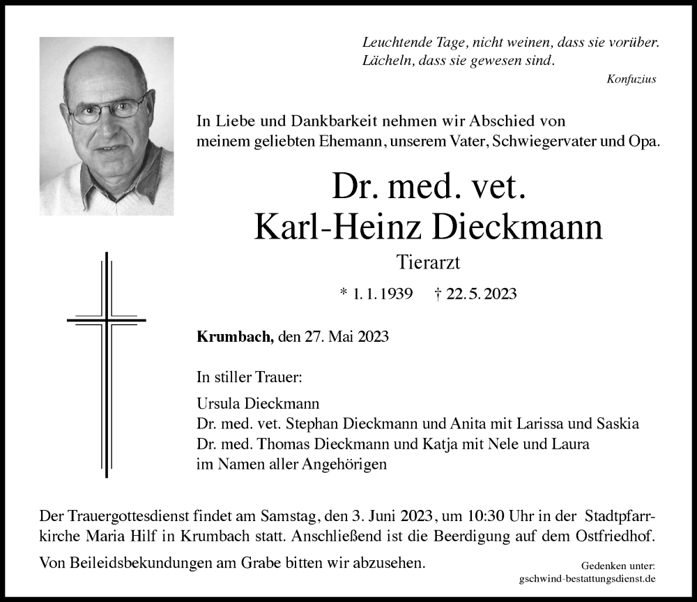  Traueranzeige für Karl-Heinz Dieckmann vom 27.05.2023 aus Mittelschwäbische Nachrichten