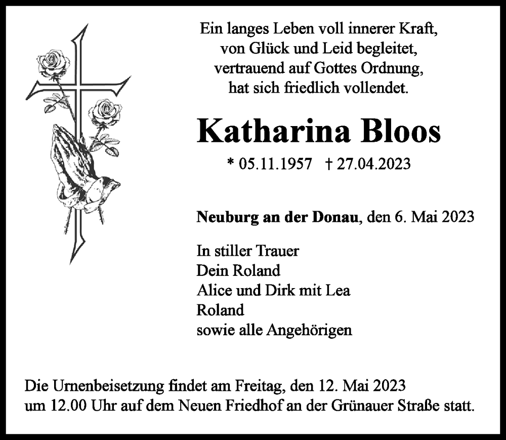 Traueranzeige von Katharina Bloos von Neuburger Rundschau