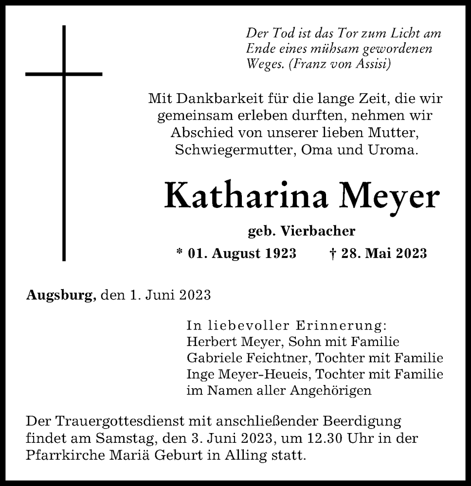 Traueranzeige von Katharina Meyer von Augsburger Allgemeine