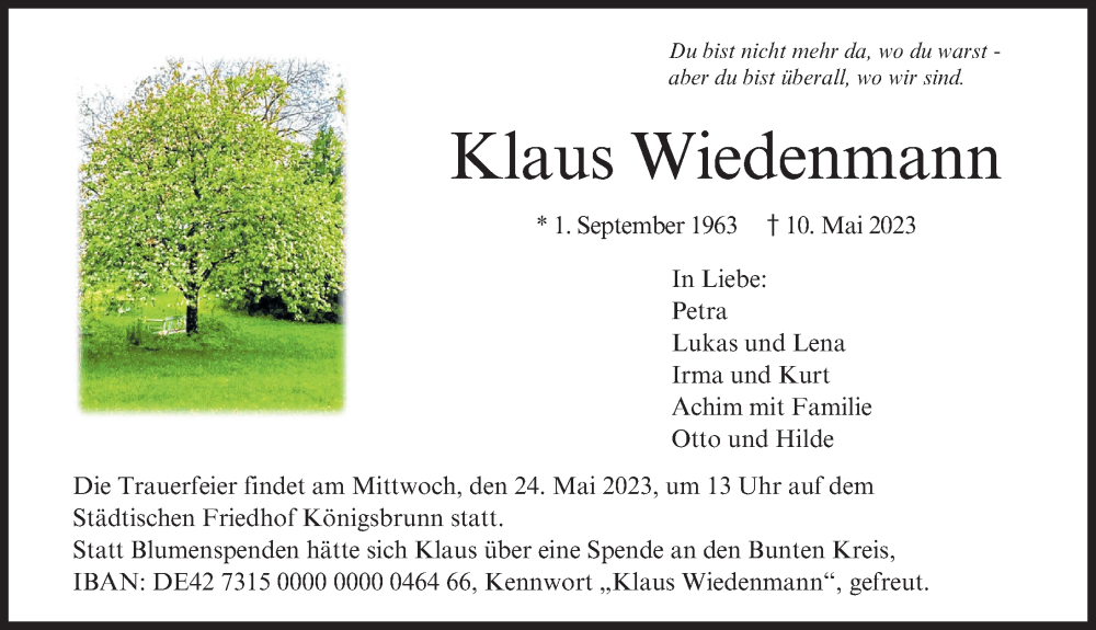  Traueranzeige für Klaus Wiedenmann vom 20.05.2023 aus Augsburger Allgemeine