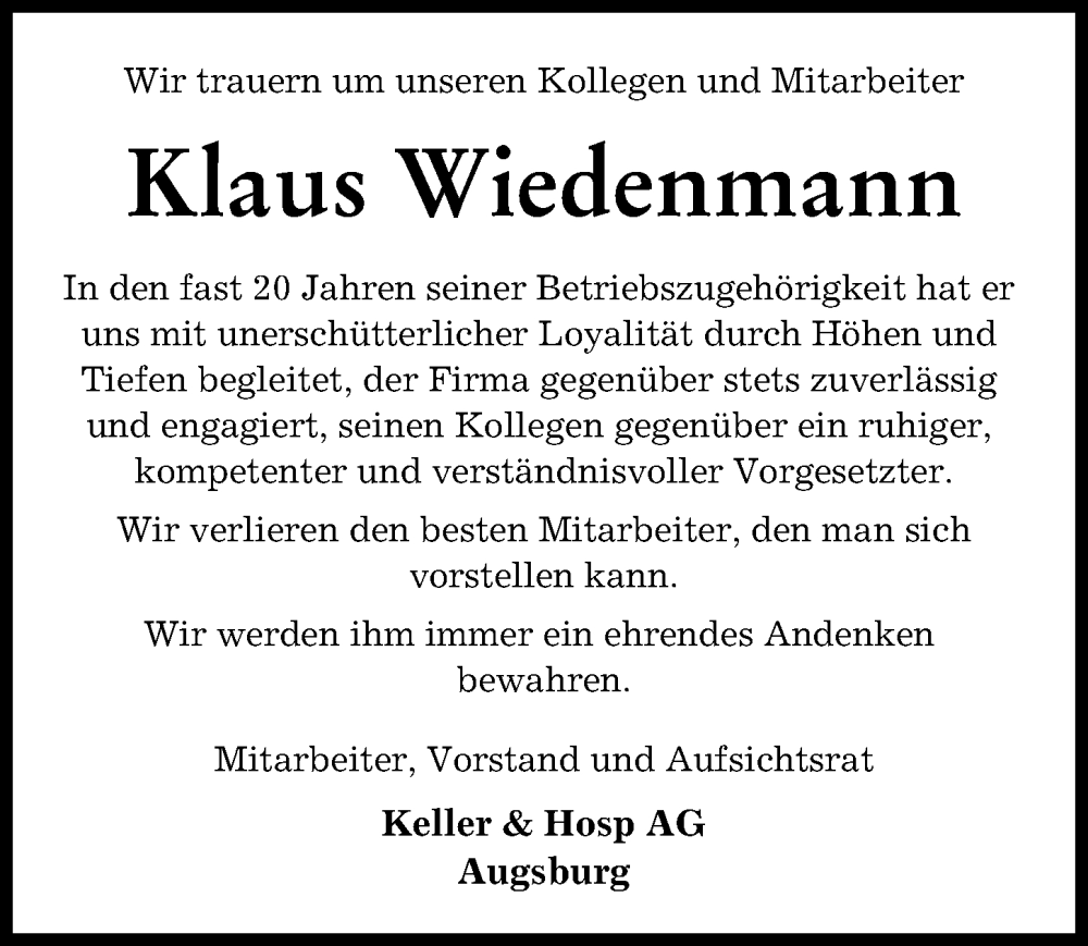 Traueranzeige von Klaus Wiedenmann von Augsburger Allgemeine