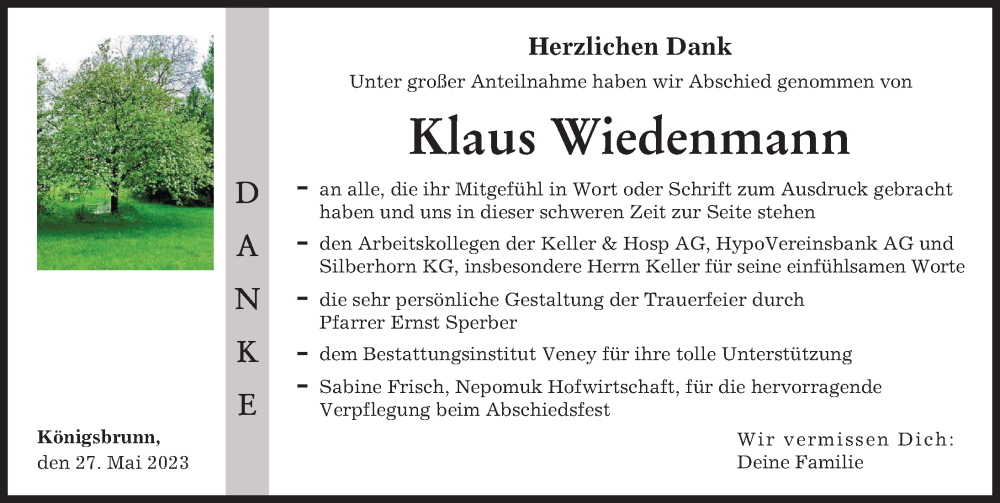  Traueranzeige für Klaus Wiedenmann vom 27.05.2023 aus Augsburger Allgemeine