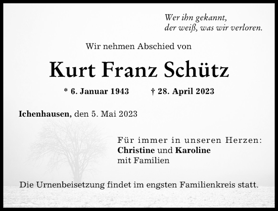 Traueranzeige von Kurt Franz Schütz von Günzburger Zeitung